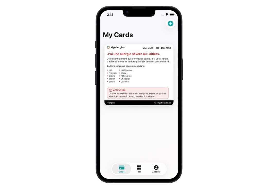 Food Allergy Options iPhone app showing allergy cards